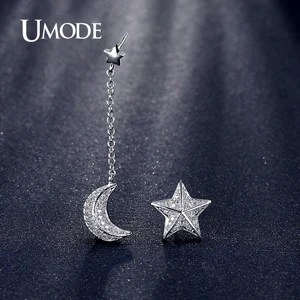 UMODE неодинаковые серьги в виде звезды и Луны с цепочкой, фианит, розовое золото, серьги-капли для женщин, Pendientes, высокое качество, UE0196 - Окраска металла: White Gold Plated