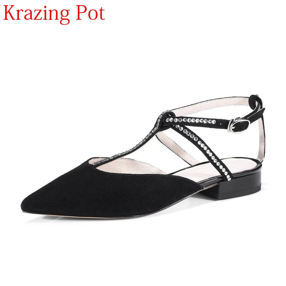 

2018 New Arrival Kid Suede Crystal Buckle Strap Summer Shoes Pointed Toe T-strap Casual Simple Style Shallow Women Flats L86