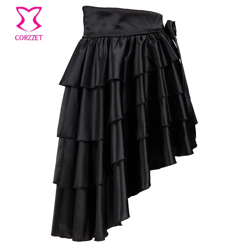 

Black Satin Bow Asymmetrical Layered Ruffle Victorian Steampunk Skirt Lolita Women Sexy Gothic Skirts Matching Corset, Costume