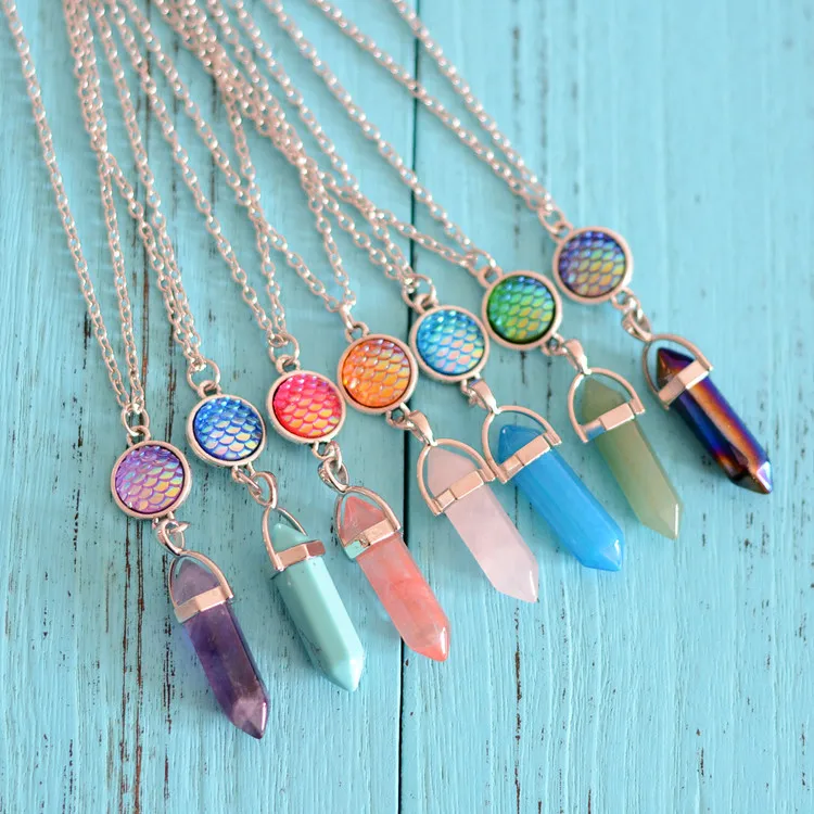 

Hot Natural Hexagonal Crystal Column Pendant Fish Scales Necklace Fashion Women Men Jewelry Best Friend Valentine's Day Present