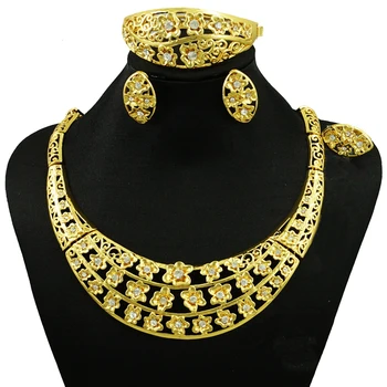 

Gold flower jewelry sets for ladies necklace set crystal stud earring jewellery set for girl Dubai gold jewelry set for women