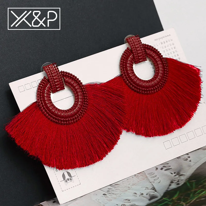 X&P Fashion Bohemian Big Tassel Earrings Statement Large Gold Handmade Brincos Drop Dangle Tassel Earring for Women Za Jewelry