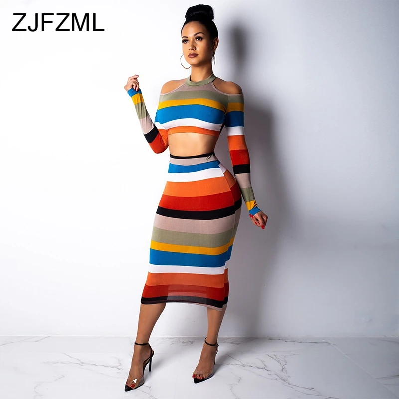 

Colorful Striped Two Piece Set Dress Women Sexy Long Sleeve Off Shoulder Bandage Midi Dress Casual High Waist Back Zipper Dress