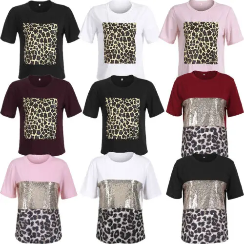 2019 Newest Fashion Hot Women Short Sleeve Leopard Shirt Paillette Summer Casual Tee Tops T shirt | Женская одежда