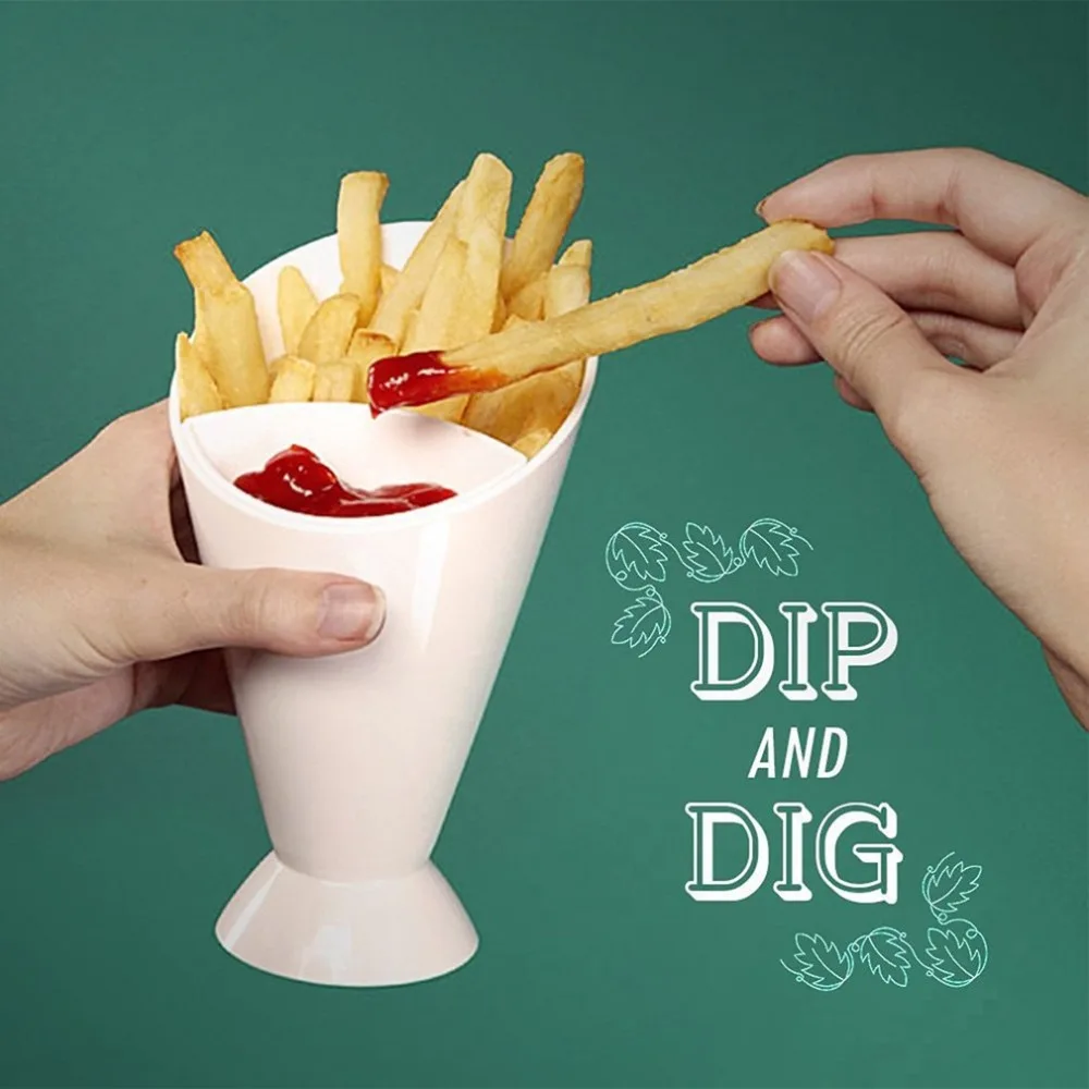 

Plastic Portable Size Easy To Clean Potato Holder Cup Tableware 2 in 1 French Fry Chips With Dipping Cup