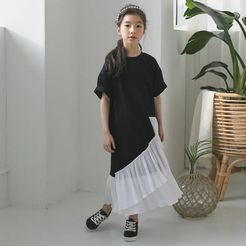 Хлопковое платье для маленьких девочек, новые летние Детские платья для девочек, оборки, контрастные черно-белые, цвет, детское платье макси, хлопок,#5180