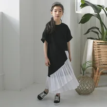 Хлопковое платье для маленьких девочек, новые летние Детские платья для девочек, оборки, контрастные черно-белые, цвет, детское платье макси, хлопок,#5180