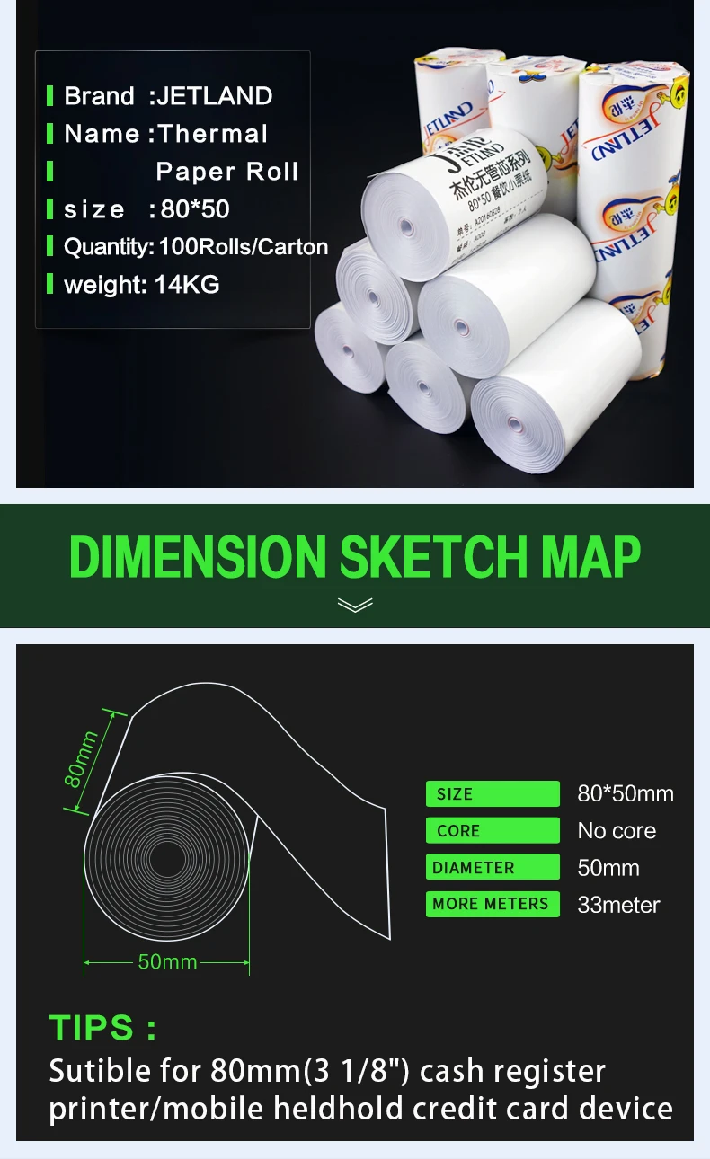 2 рулона в партии) Jetland Термобумага 80*50 мм, без ядра, 55gsm, кассовый аппарат Чековая бумага рулон 3 1/" x 100', BPA бесплатно