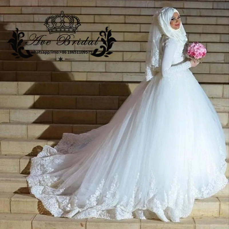 Arabic Muslim Wedding Dresses with Hijab 2017 Long Sleeve Turkey Ball ...