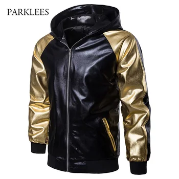 

Shiny Metallic Raglan Sleeve Hooded Jacket Men 2018 Hip Hop Mens Zipper Patchwork Jackets Coats Nightclub Party Stage Costumes