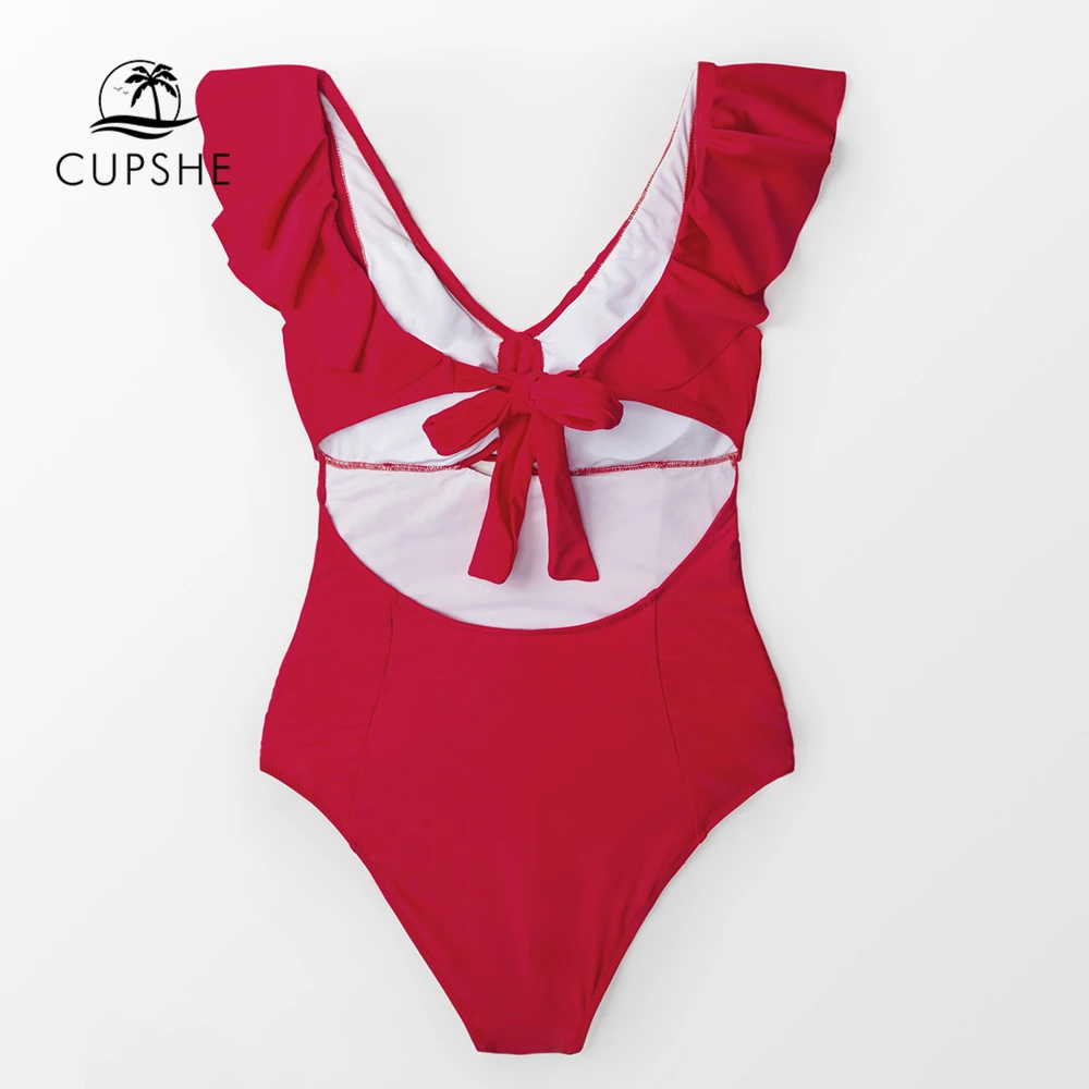 Best CUPSHE Red Ruffled One Piece Swimsuit Women Sexy Tied Bow Monokini 2019 Girl Solid Cutout Swimwear