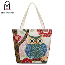 2016 herbst frauen Leinwand Handtasche Nationalen Wind Eule Gedruckt Strand Einkaufstaschen Marineblau Farbe Große Reise Umhängetaschen