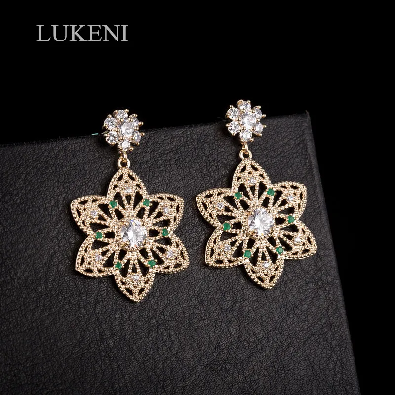 

LUKENI Personality Gold Color Cubic Zircon Creative Openwork Flower Earrings For Women Party Jewelry