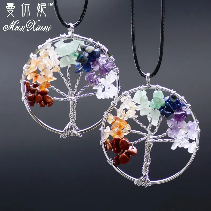 

Women Rainbow 7 Chakra Tree Of Life Quartz Pendant Necklace Multicolor Wisdom Tree Natural Stone Necklace