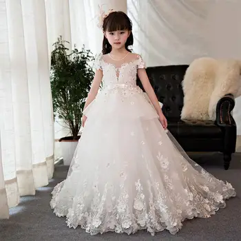 

New kids Girls Lace Appliques Long Prom Wedding Bridesmaid Dress Teens Children Tulle Beading Elegant Princess Party Gowns Q101