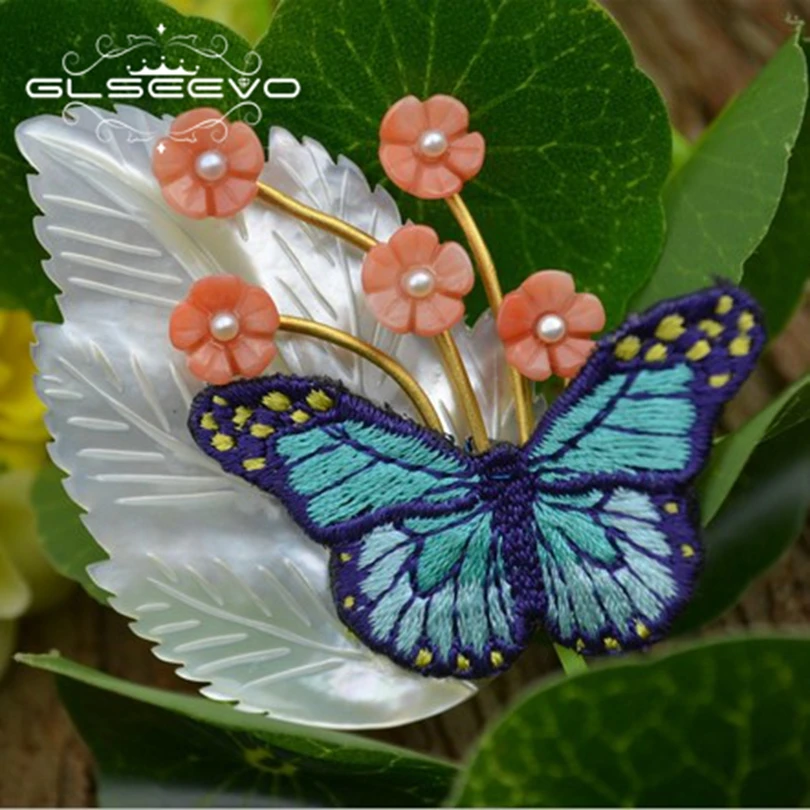 

XlentAg Natural Mother Of Pearl Leaf Embroidered Butterfly Brooch Pins For Women Flower Brooches Dual Use Luxury Jewelry GO0281