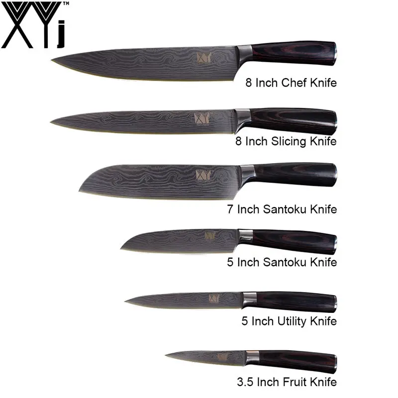 XYj 8 дюймов нож шеф-повара имитация дамасской стали Santoku кухонные ножи острый Кливер ножи для нарезки подарок нож инструменты - Цвет: A. (6 Pcs Set)