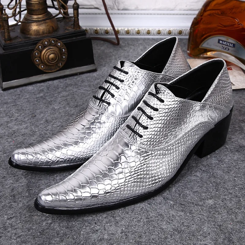 

italian fashion dress wedding mens shoes high heels sliver pointed toe snake skin genuine leather office oxford shoes for men