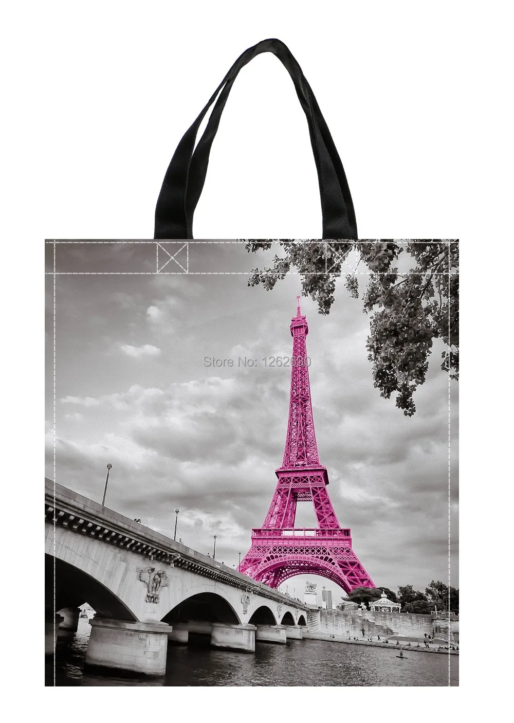Retro Pink France paris Eiffel Tower Print Custom individual waterproof Nylon Fabric shopping ...
