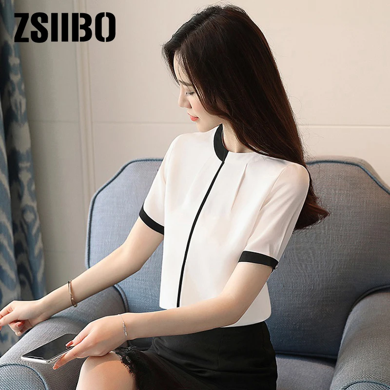

Office Ladies Blouse Elegant Short Sleeve Chiffon Shirt Patchwork Stand Neck Overalls Work Top Clothes women's blouses 2019