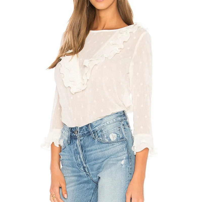 2019 Spring Summer Fashion Polka Dot Flower Lace Women Blouses Round Neck Back Button Female Shirts Casual Ladies Tops WE069 (5)