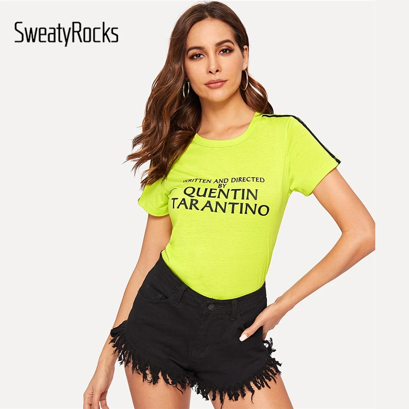 

SweatyRocks Neon Yellow Striped Tape Side Letter Tee Streetwear Short Sleeve Leisure Clothes 2019 Summer Casual Women T-Shirts