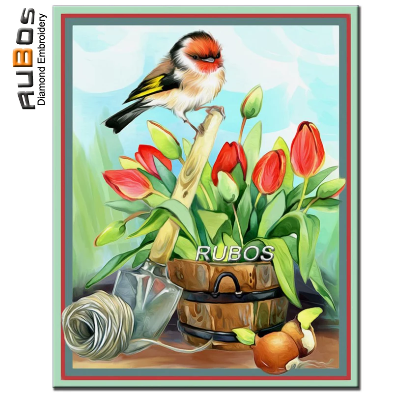 

RUBOS DIY 5D diamond painting tulip Goldfinch bird diamond embroidery full square picture of rhinestone mosaic wall sticker sale