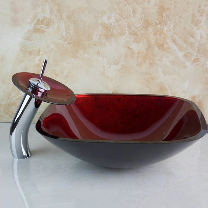 YANKSMART квадратная красная Ванная комната Художественный закаленный стеклянный сосуд раковины с подходящим водопадом кран