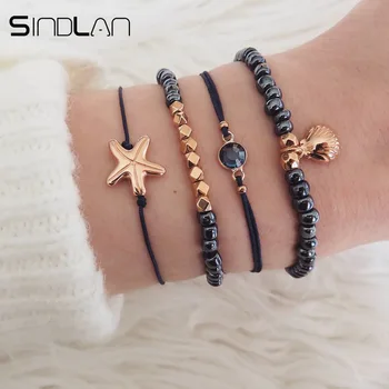 

Sindlan 4PCs Ocean Starfish Shell Bracelet Set Blue Beaded Bracelets for Women Boho Charm Bangles Bracelets Wrist Chain Jewelry
