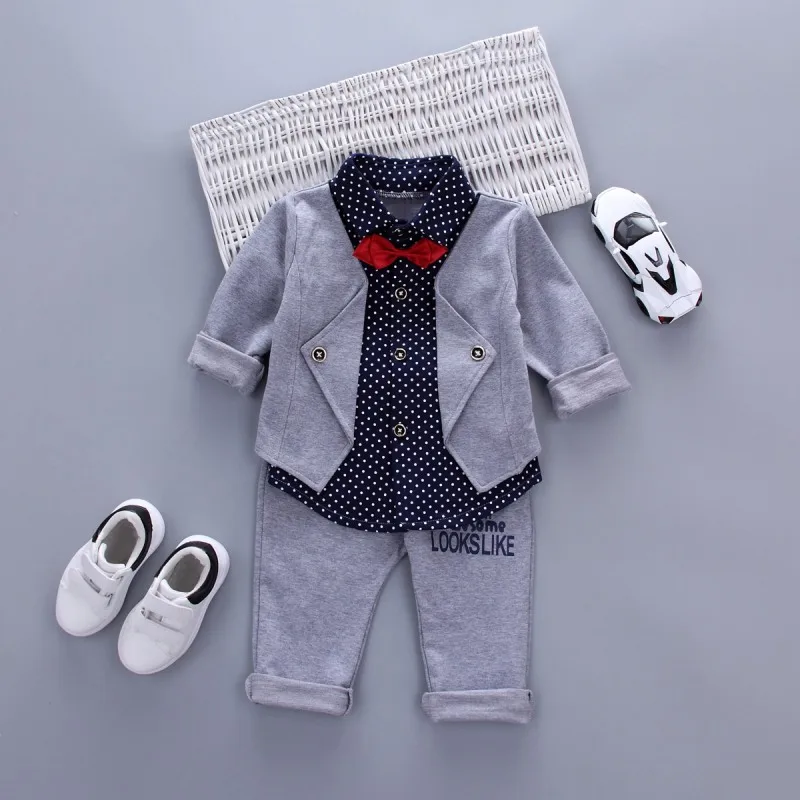 Осенне-весенняя одежда для мальчиков, комплект с имитацией Двойка Платье с длинными рукавами, в горошек блузка с принтом топы и брюки - Цвет: H