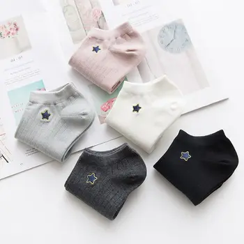 

New Women Socks 5pair Short School Style Cotton Solid Color Star Cotton Women Fashion Ankle Socks For Women