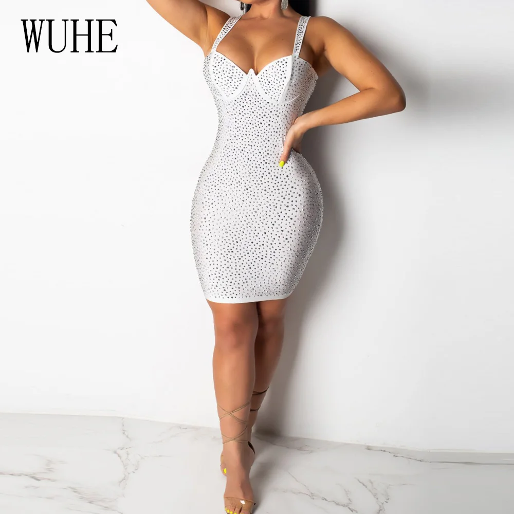 WUHE Fashion Off Shoulder Sleeveless Bodycon Sexy Reflective Dress Summer Women Elegant Crystal Diamond Glitter Party Slim Dress