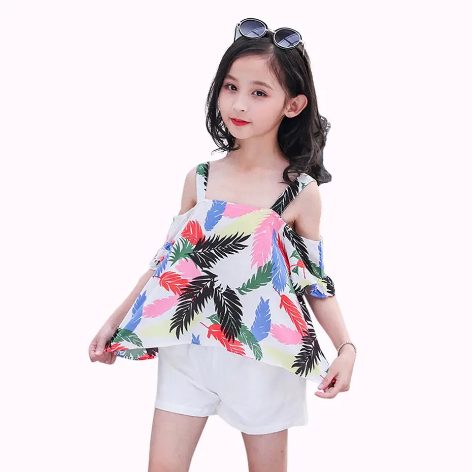 Set Clothes For Girls Floral Shirt + Solid Short 2PCS Girl Summer