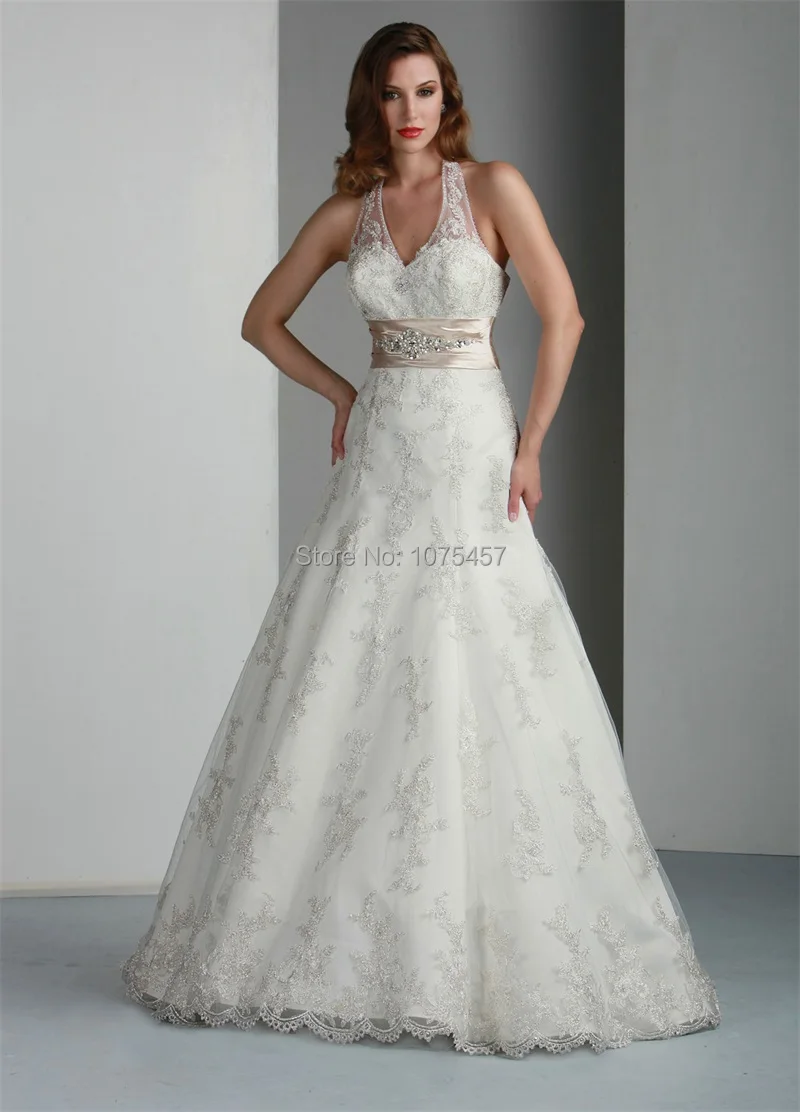New arrival halter neck lace wedding dress with beaded sashes 2015 elegant ball gown bridal gown