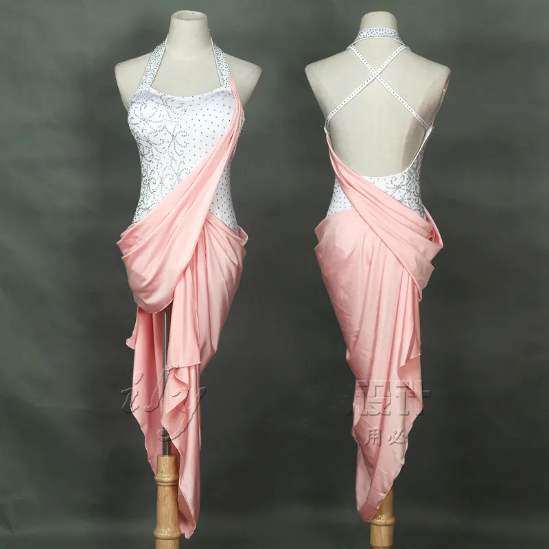 

Sexy Lady Latin Dance Dress White Pink High Quality Rhinestone Fashion Women Adult Professional Tango Ballroom Dancing Skirts