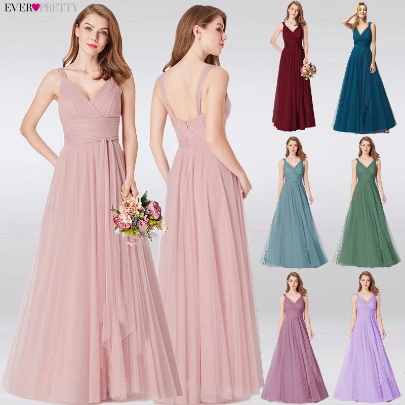 Prom Long Elegant Dresses Ever Pretty EP07303 V-neck Sleeveless A-line Tulle Teal Prom Dresses 2020 Pink Sexy Vestido Formatura