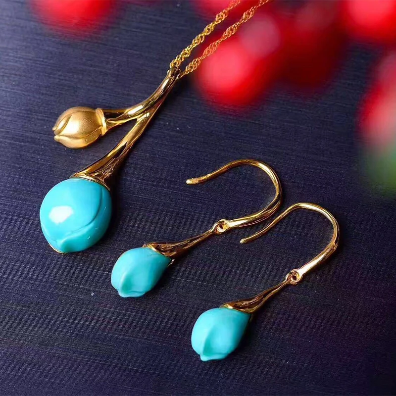 Серьги подвески из серебра 100% пробы с натуральным бирюзовым камнем|jewelry sets|set for