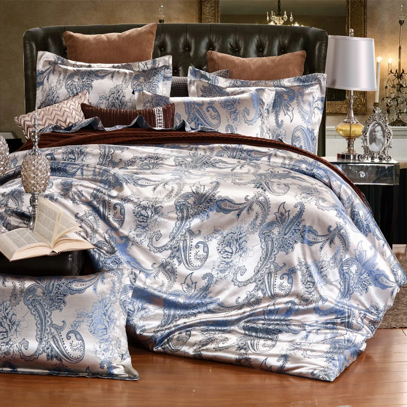 

Hot sell Jacquard Bedlinen Queen King Size Duvet cover Set Silk and Cotton Bedding Sets Blue camelColour