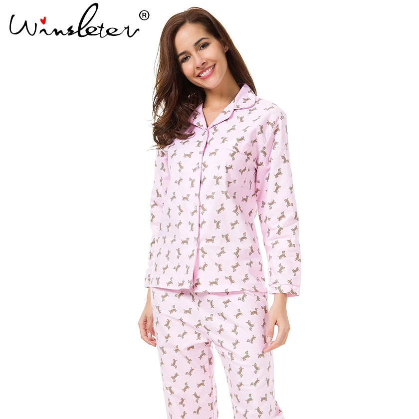 Розовые пижамные комплекты для женщин, Милый принт "Такса", комплект из 2 предметов, Топ с длинным рукавом, штаны с эластичной резинкой на талии, Хлопковая пижама S7N002