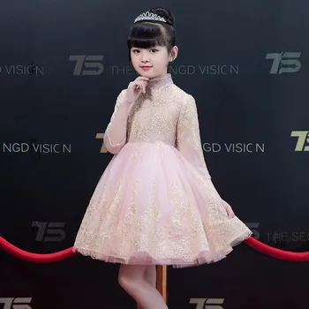 

2018 Autumn New Luxury Children Girls Sequined Birthday Wedding Party Prom Dress Pink Color Teens Kids Piano Costume Lace Dress