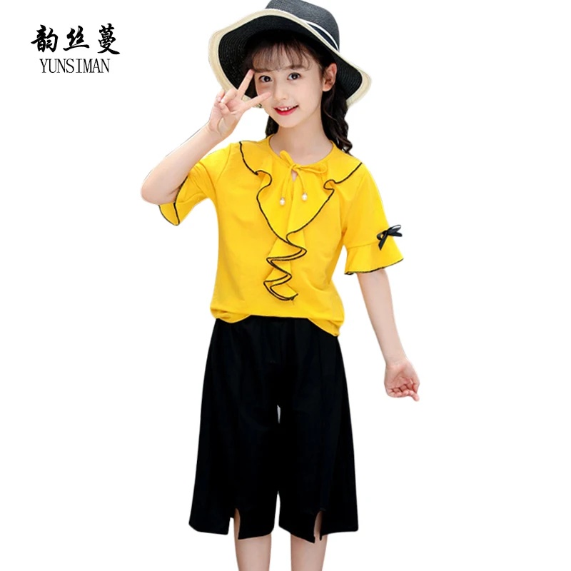 

Fashion Children Clothes for Girls 8 9 10 11 12 Years White Cotton Tee Shirt Wide Leg Pants Toddler Girls Summer Clothing 5C73