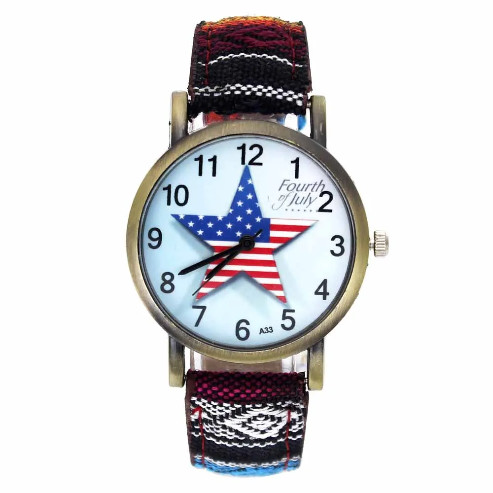 Pentagram Fourth of July Celebration USA Flag Fashion Accessories Stripes Denim Cloth Canvas Band Quartz Wrist Watch 4