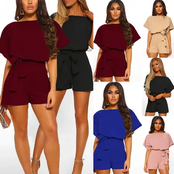 

Sexy short Sleeve romper women jumpsuit long 2019 summer black shorts beach jumpsuit coveralls female frock sashes blue overalls