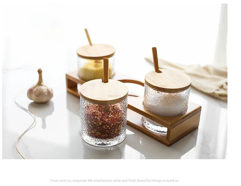 Японский стиль, комплект из 3 предметов, стеклянный горшок для приправ, набор для домашней кухни, набор для соли, деревянная основа