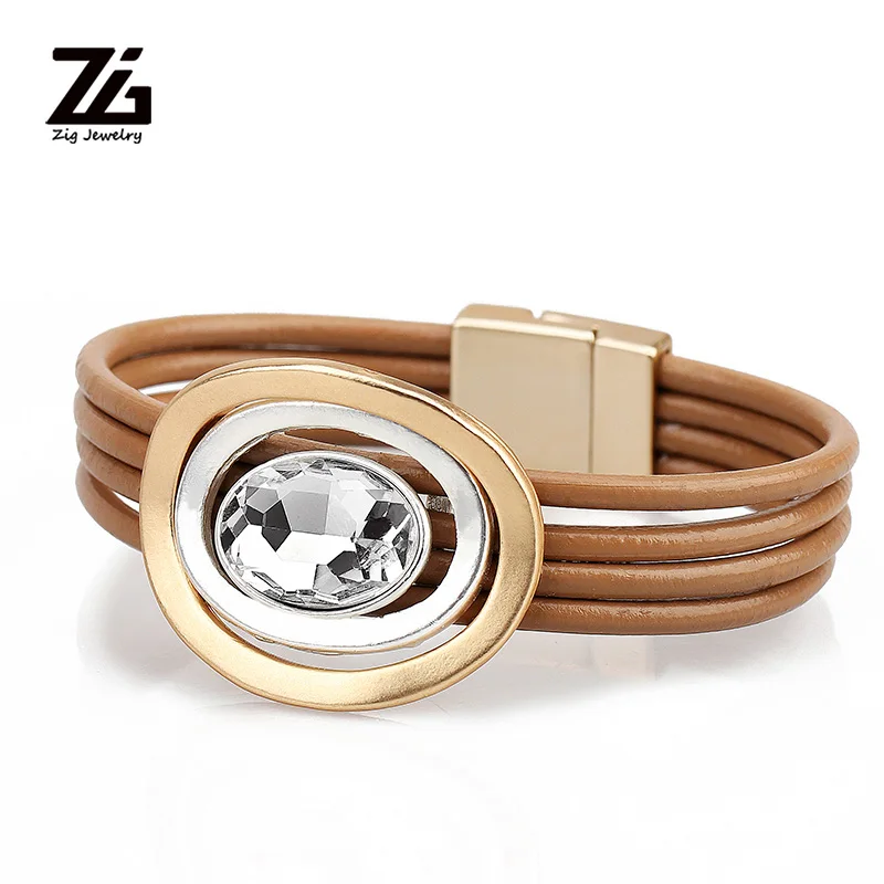 

ZG Fashion Sliver Leather Bracelets 2019 For Women Multiple Layers Crystal Charm Bracelet & Bangles Jewelry Gifts