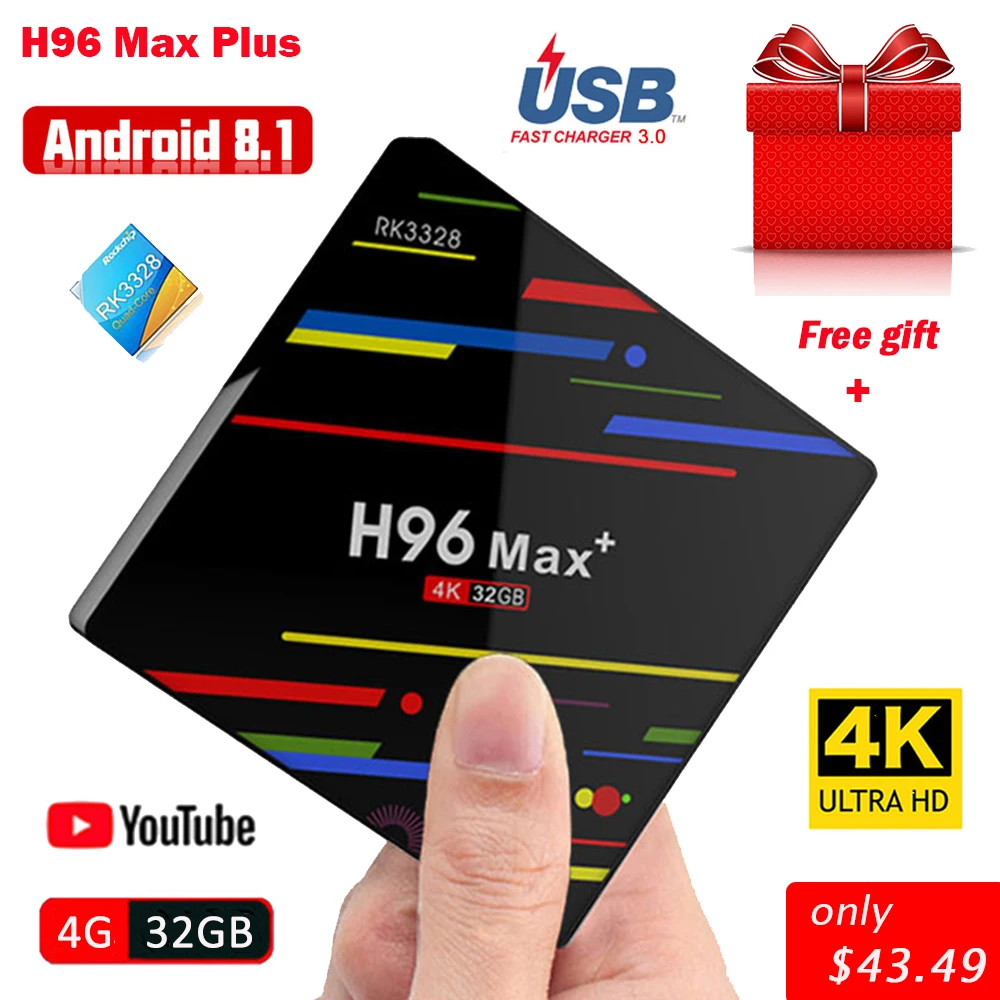 

H96 Max Plus Android 8.1 Smart TV Box 4GB RAM 32GB ROM Set Top Box RK3328 Quad-Core USB 3.0 2.4G Wifi 4K H.265 Media Player