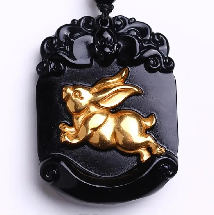 

Beautiful Natural Black Obsidian Carved Gold Color Chinese Zodiac Rabbit Lucky Amulet Pendant + free Necklace fashion Jewelry