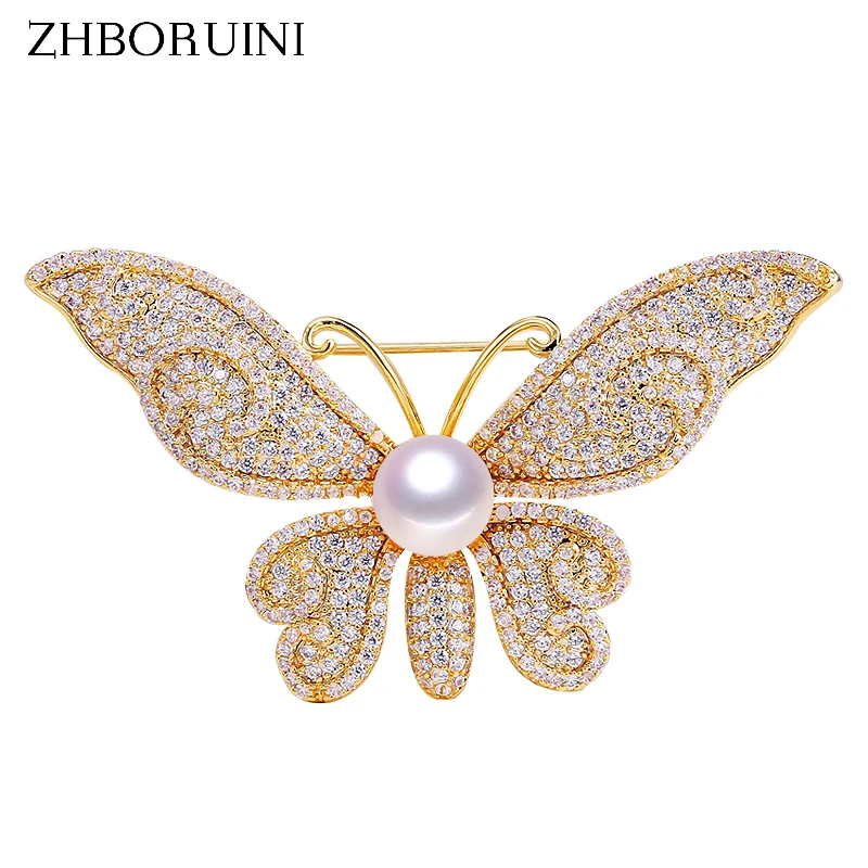 

ZHBORUINI High Quality Natural Freshwater Pearl Brooch Zircon Micro Insert Butterfly Brooch Pearl Jewelry For Women Not Fade