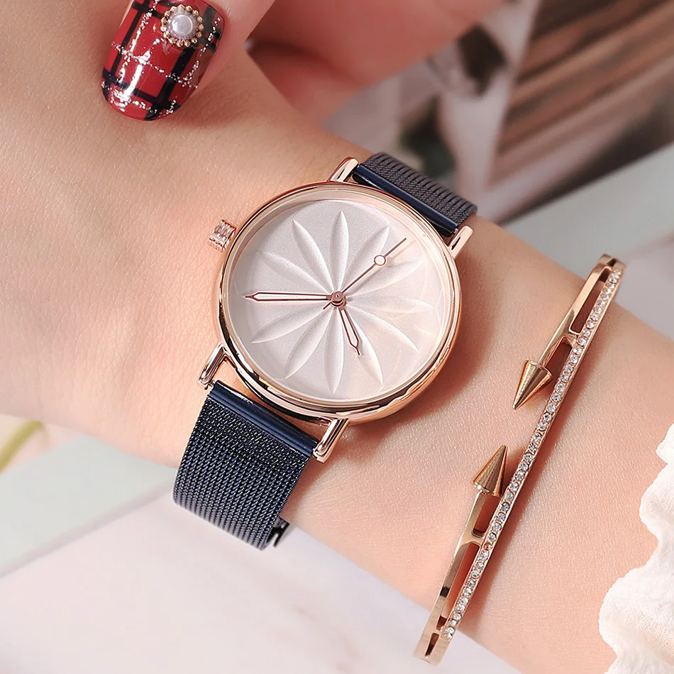 Relogio Feminino, роскошные миланские наручные часы с сетчатым ремешком для женщин, модные часы под платье из розового золота, женские золотые часы, кварцевые часы