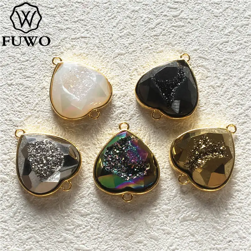 Connectors FUWO Мода Радуга Сердце Форма Druzy Кулон граненый аура разъем кварц с золотой ободок обрезанный для изготовления ювелирных изделий PD245 - Окраска металла: Connectors